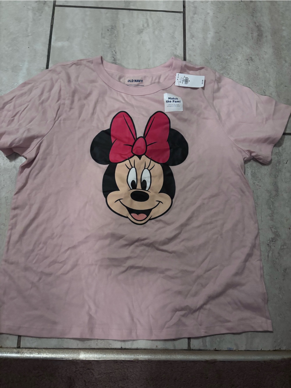 Old Navy Light Pink Minnie Mouse Face Tee with Red Bow